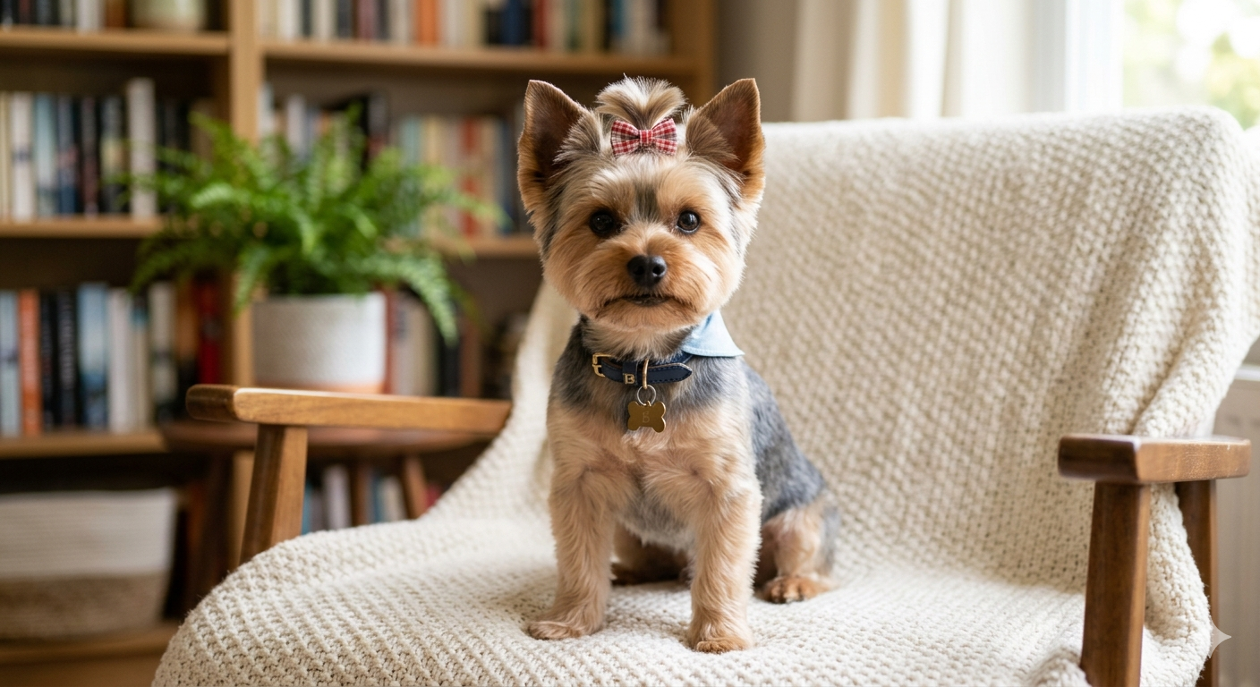 the yorkie hair cut puppy sitting on the chair